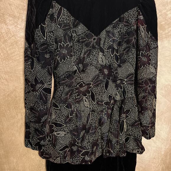 Vintage 90s Jessica McClintock Velvet Floral Peplum Dress Leg of Mutton Sleeve - Picture 9 of 10